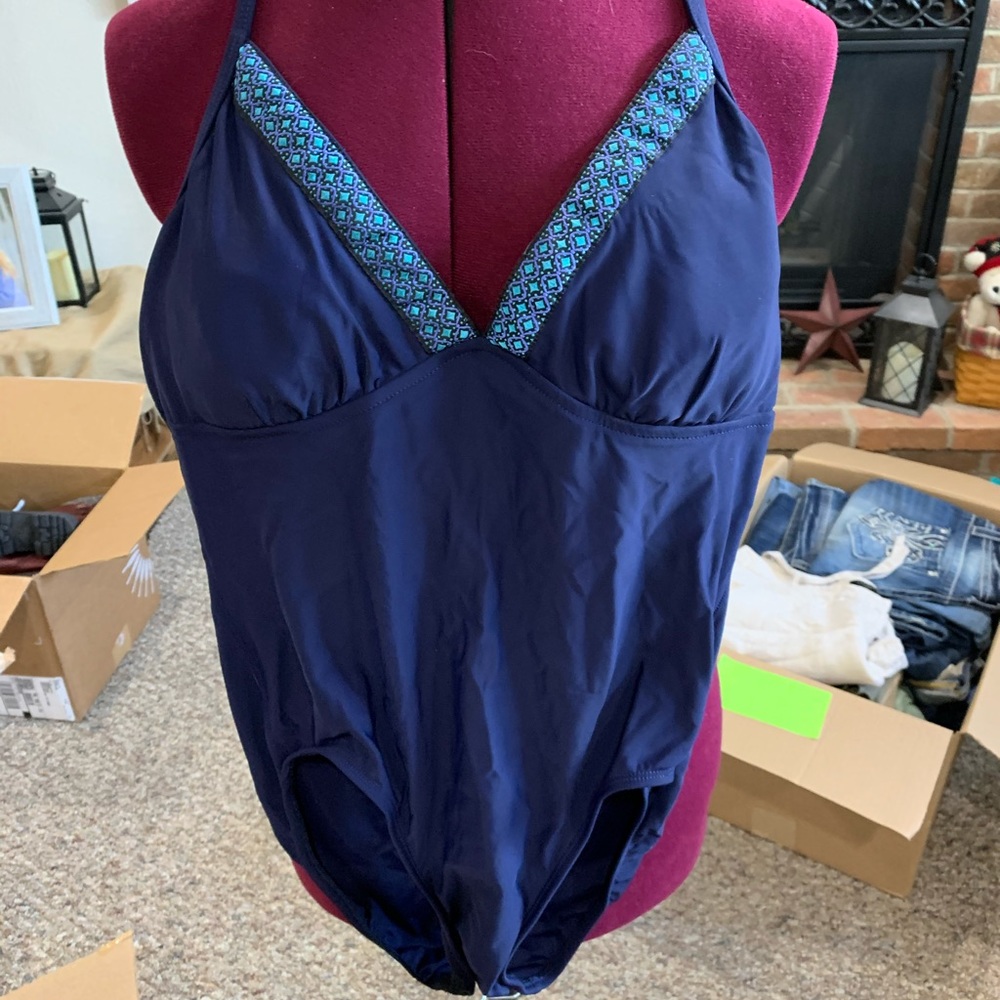 Navy with green bathing suit one piece